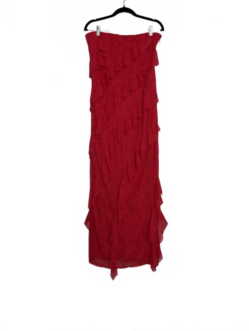Romantic Red Lace Ruffle Strapless Maxi Dress‎ Large